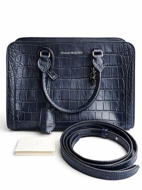 Alexander McQueen Croc-Embossed Navy Leather Satchel with Strap